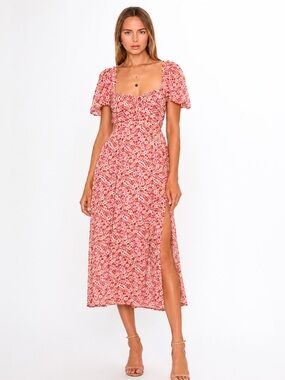 For Love & Lemons Felicia Floral Midi Dress Pink Puff Sleeve Lace-Up Back Slit S
